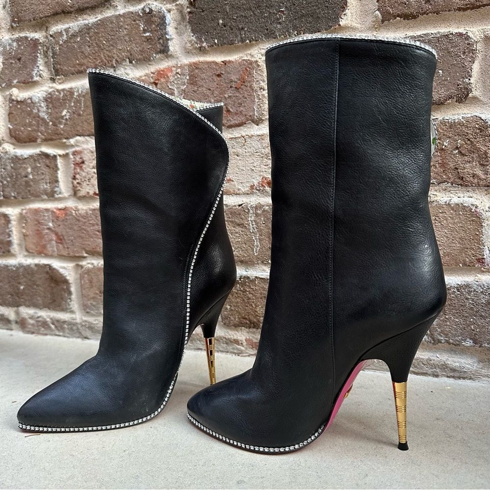 Gucci Black Heeled Boots with Gold Accents